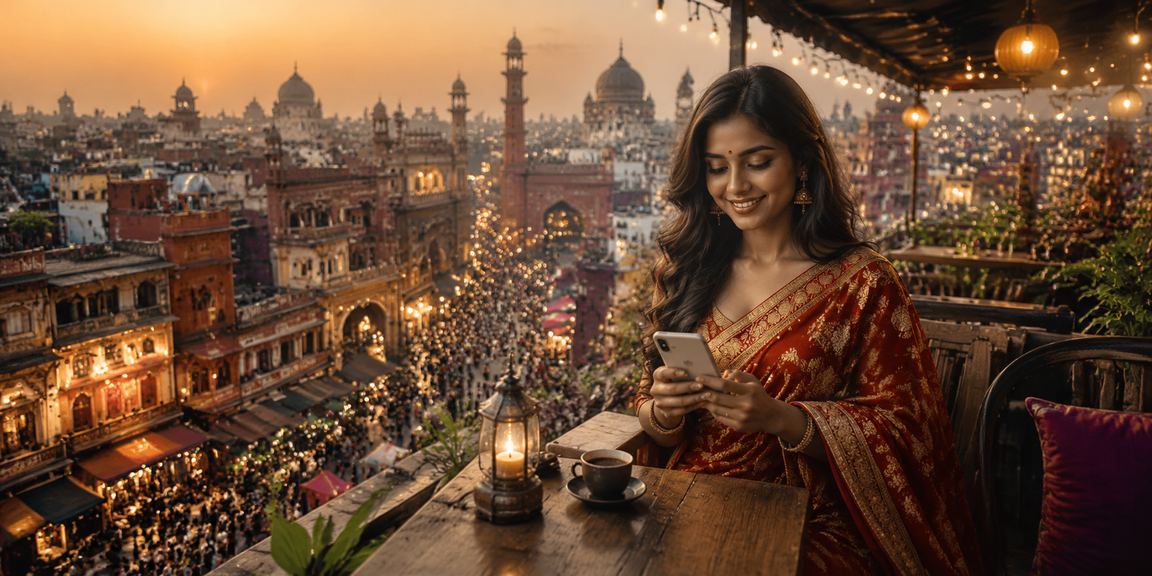 Indian woman betting on sports using mobile device